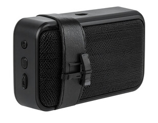 Sleek Portable Wireless Speaker with Leather Strap, Front View, Isolated on Transparent Background