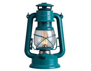 Teal Lantern with Decorative Filament Bulb, Front View, Isolated on Transparent Background