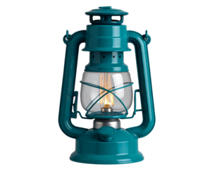 Teal Lantern with Decorative Filament Bulb, Front View, Isolated on Transparent Background