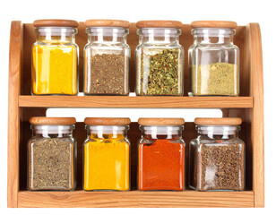 Wooden Spice Rack with Assorted Spices in Glass Jars, Front View, Isolated on Transparent Background