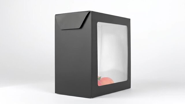 A tall, rectangular black object stands on a white surface, with a folding top flap