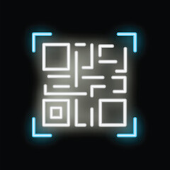Neon glowing qr code being scanned with blue laser beams