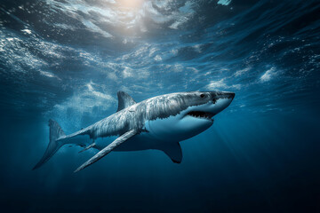 Fototapeta premium Great white shark swimming in open ocean, dynamic composition, powerful presence