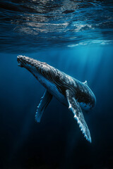 Fototapeta premium Majestic humpback whale diving vertically into the deep ocean, sunlight above creating shimmering reflections
