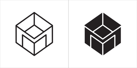 Two isometric cube icons, one outline and one filled