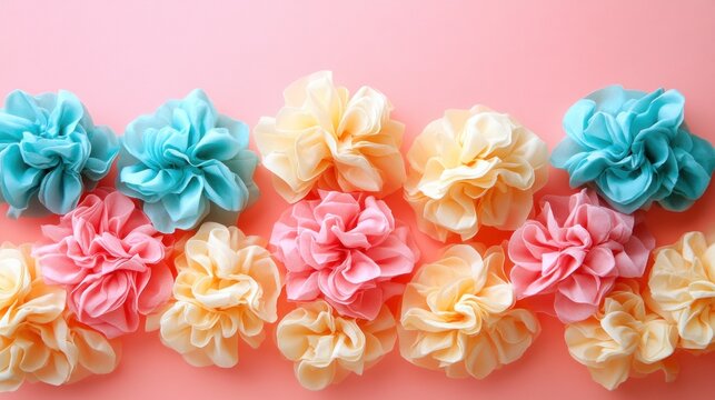 Colorful fabric flowers contrast with a pink backdrop, inspiring joy and creativity