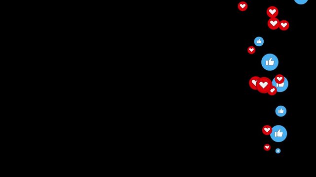 floating heart and like icons animation rising from bottom to top screen motion 4k uhd.