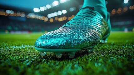 A soccer cleat on fresh grass with bright stadium lights in the background