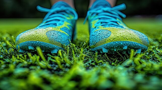 Dew covered cleats sit on vibrant grass as morning light begins to rise