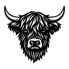 Highland Bull Head Vector Illustration – Black and White Long Hair Cow Design for Farm Logo, Ranch, and Western Artwork