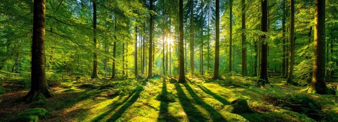 Obraz premium Sunbeams pierce lush green forest canopy, casting long shadows