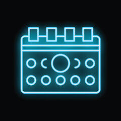 Neon blue calendar icon glowing on black background, concept of planning and scheduling