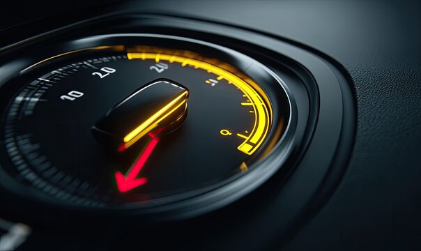 Illuminated circular gauge with red needle pointing towards 20