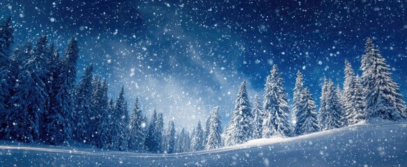 Snowing forest landscape under a starry, dark blue sky