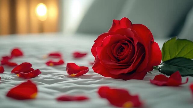 A single rose lying on a bed with petals scattered around