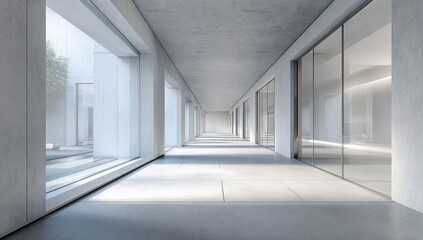 Obraz premium Modern minimalist hallway with large windows and bright, clean interior