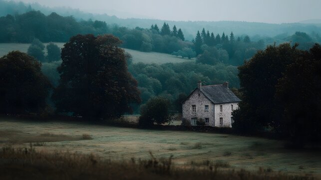 A stone farmhouse sits nestled in a misty rural landscape with rolling green hills and dense trees