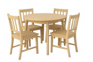 Wooden dining set with round table and four chairs, light wood furniture for home interior with transparent background