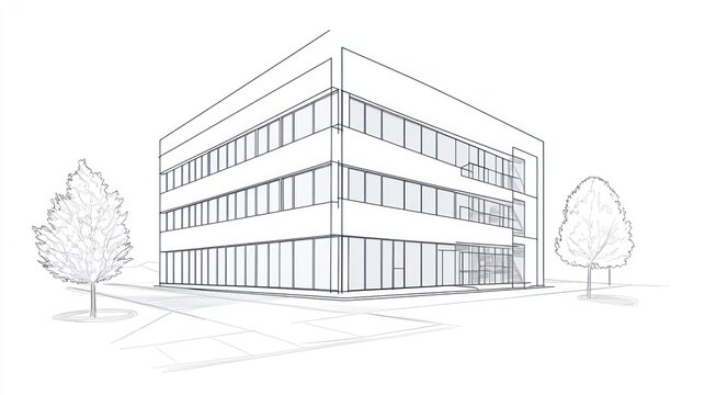 Outline drawing of a modern three story office building with trees, for architecture
