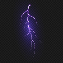 Powerful lightning strike with vivid blue purple discharge. Thunderstorm energy flash. Realistic electric current bolt.
