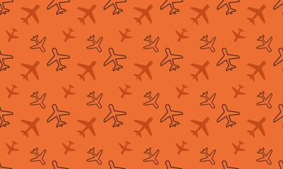 Seamless repeating pattern of airplane icons on an orange background for travel and aviation themes