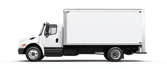 A clean, white box truck is depicted in a side profile view