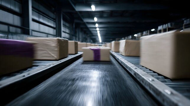 Cardboard boxes move quickly on a conveyor belt in a busy industrial warehouse with motion blur indicating speed