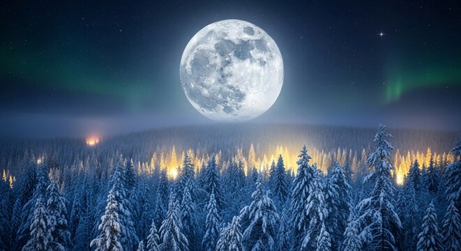 Full moon over snow covered forest with northern lights in the sky - Powered by Adobe