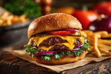 Double cheeseburger with fresh toppings and french fries