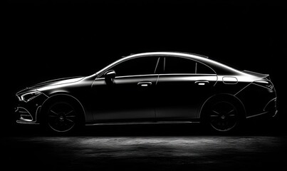 Sleek, modern sedan silhouette illuminated from the side against dark backdrop