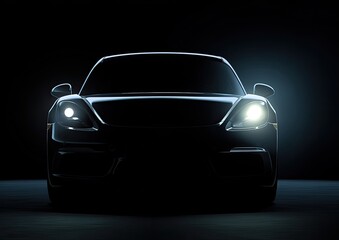 Sleek black sports car with illuminated headlights in darkness
