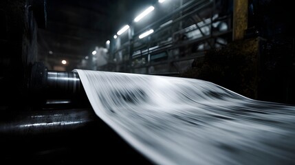 A fast moving roll of white material blurs through heavy industrial hinery in a dimly lit factory