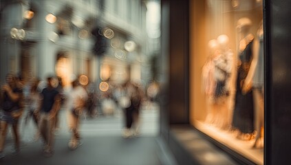 Soft focus urban street scene with illuminated store window