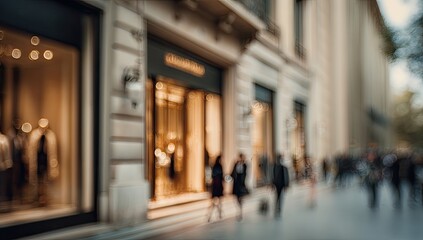 Blurred upscale storefronts with people walking past