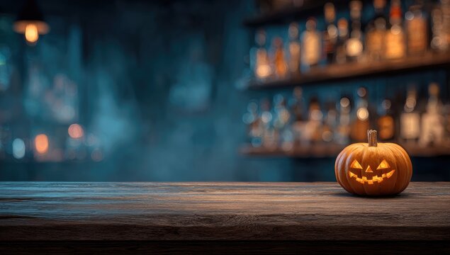 Glowing Jack-o'-lantern on a rustic bar counter