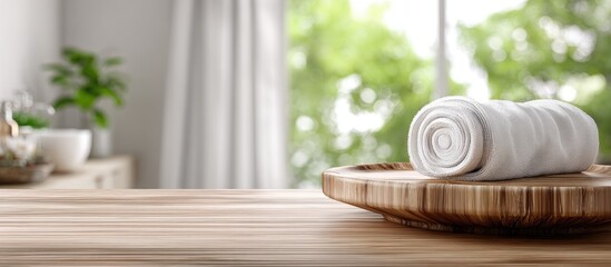 Soft white towel rolled on a wooden tray in a bright, airy room