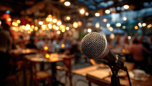 Microphone on stage in dimly lit venue with bokeh lights