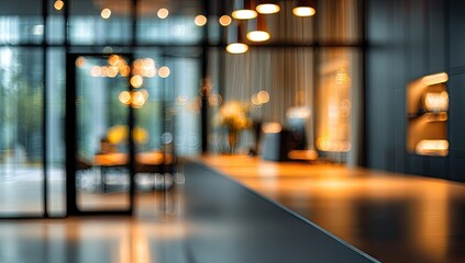 Blurred interior lobby with modern lighting and reflective surfaces