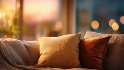 Cozy living room sofa with warm light and soft cushions