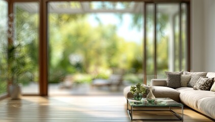 Cozy modern living room with large windows opening to garden