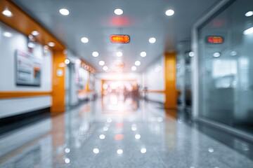 Illuminated modern hallway with reflective floor and orange accents