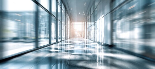 Blurry modern office hallway with bright natural light at the end