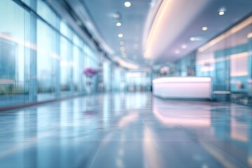 Bright, modern interior with large windows, reception desk