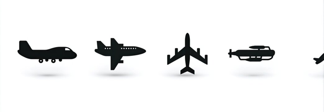 Silhouette collection of various flying aircraft on a white background