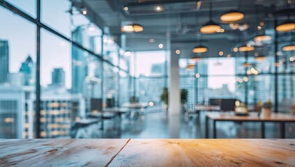 Empty modern office space with city view, soft lighting