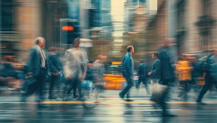 Motion blur captures pedestrians in a bustling city street