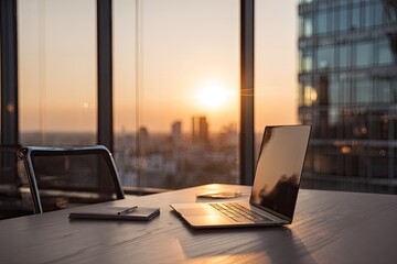 Laptop on desk by window overlooking city at sunset
