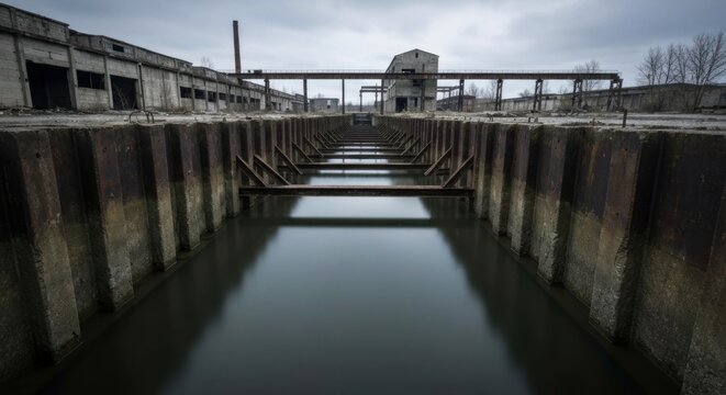 Abandoned industrial canal leading to buildings under a gray sky