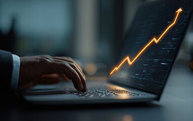 Close-up of a person's hands typing on a laptop displaying an upward trending graph