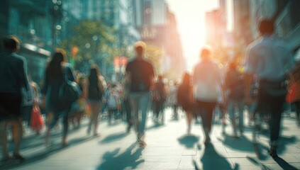Blurred motion of people walking down a sunlit city street